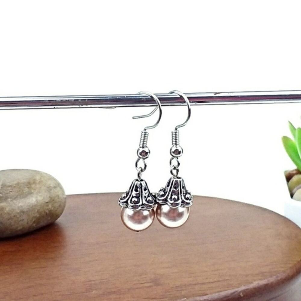 Pink Pearl & silver drop earrings